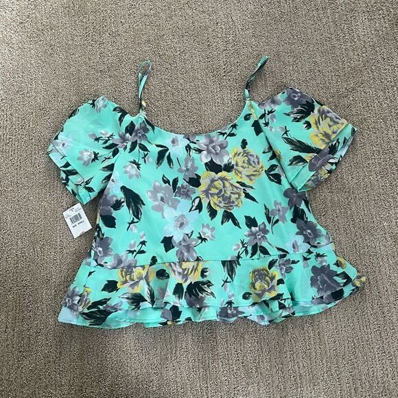 J.O.A. Teal Flower Ruffle off the shoulder cap sleeves Blouse - Picture 6 of 6